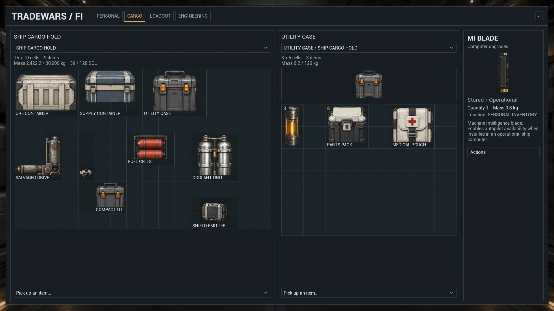 Cargo in shaped grids and an open nested utility case.