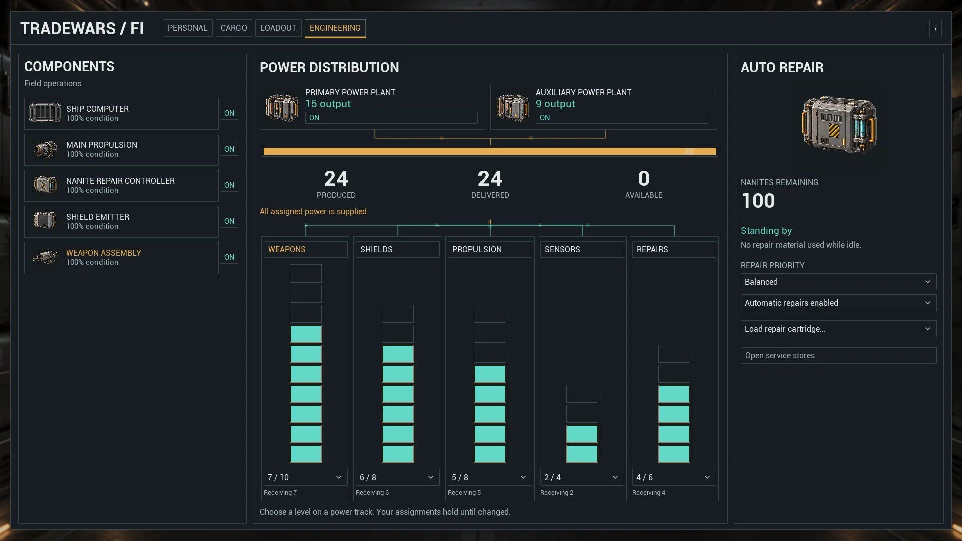 The ship engineering screen showing component power and condition.