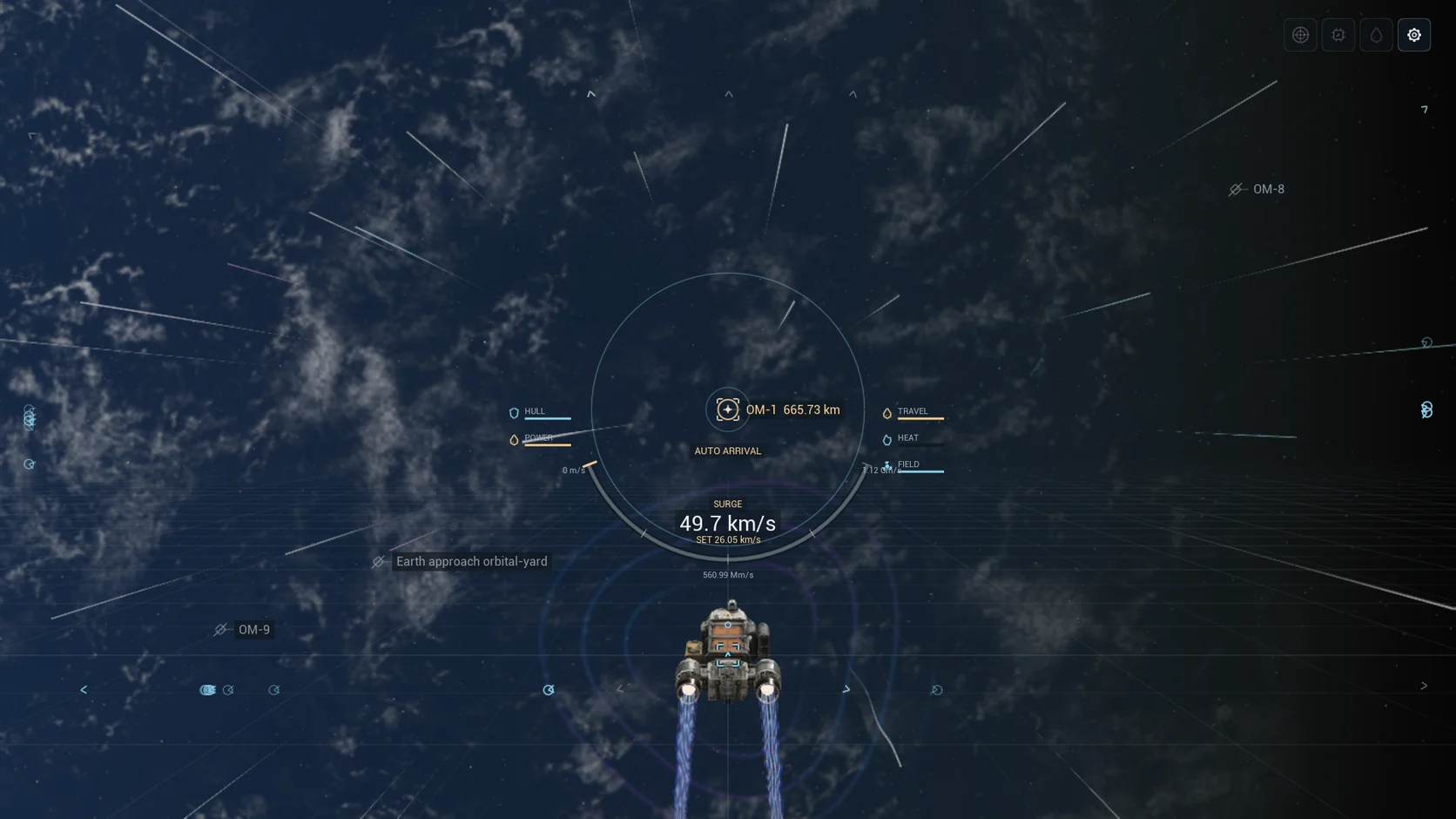 A ship approaching Earth during Surge travel, with its flight interface visible.